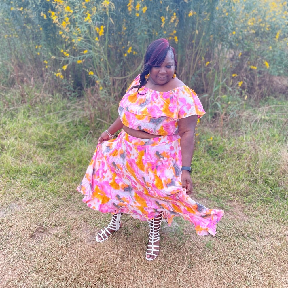 Multi Watercolor Tie-Dye Off Shoulder Skirt Set - Picture 11 of 13